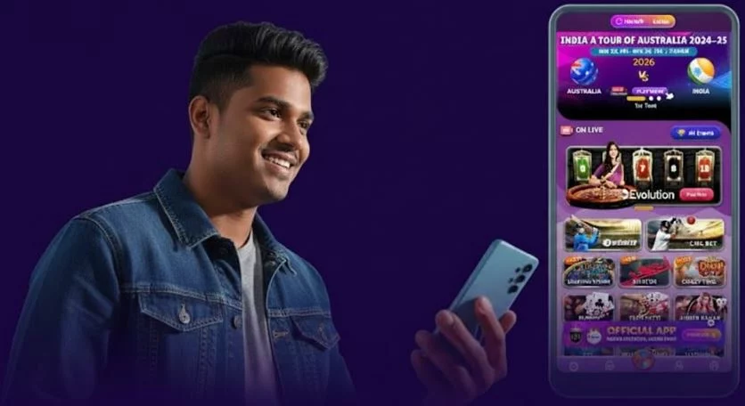 Man holding a smartphone with an online casino and sports betting app interface on a purple background