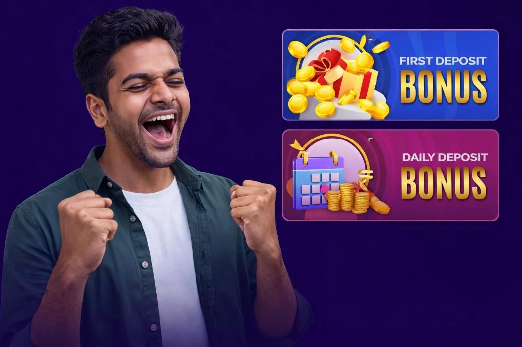 Happy man reacting to casino bonuses displayed on a smartphone screen, showing first deposit and daily deposit bonus offers