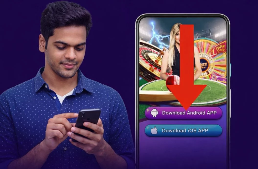 Man using a smartphone next to a screen showing the N8 Casino mobile app with Android and iOS download buttons